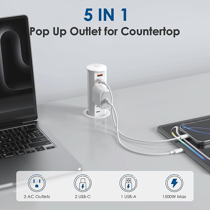2 Inch Pop Up Outlet for Countertop & Office Desk,ETL Listed, 20W USB C Fast Charge,2 Outlets,3 USB,Recessed Power Grommet for Conference Table,Workstation,Hotel,Kitchen Island (White, 6 FT Cable)