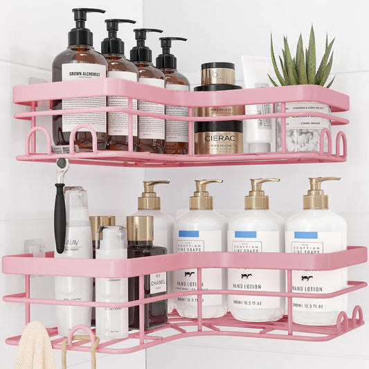 Sakugi Corner Shower Caddy - Rustproof Stainless Steel Organizers with 8 Hooks | No-Drill, Space-Saving, Pink, 2 Pack