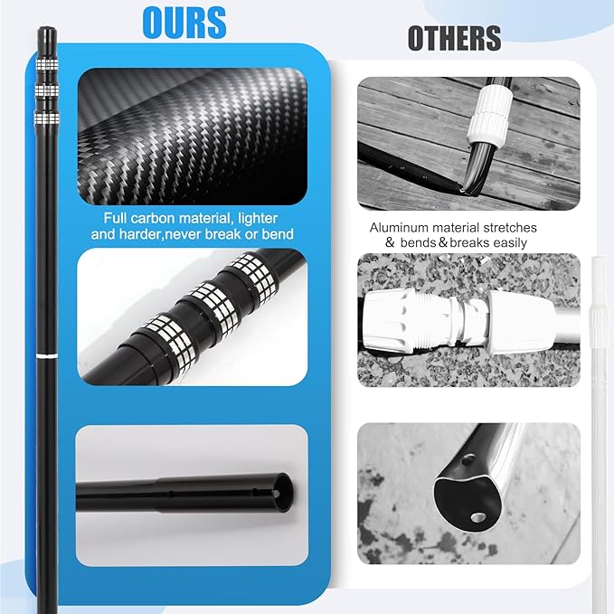 Carbon Fiber Pool Rod - Professional 4-12 Foot Telescopic 4-Piece Pool Cleaning Rod Set, Adjustable Telescopic Rod for Cleaning Nets, Brushes, Vacuum Heads