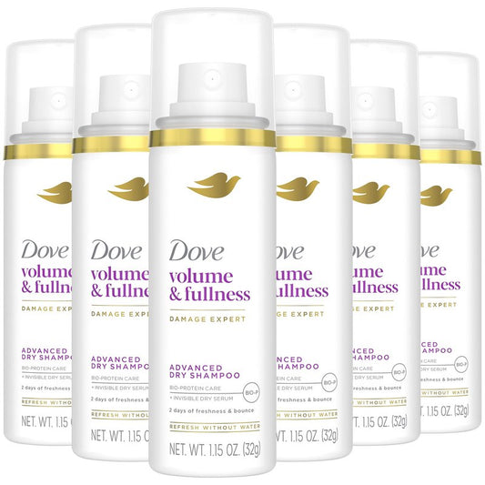 Dove Advanced Dry Shampoo, Travel-Size, Volume & Fullness, 6-Pack, Travel Essentials, 1.15 Oz Ea