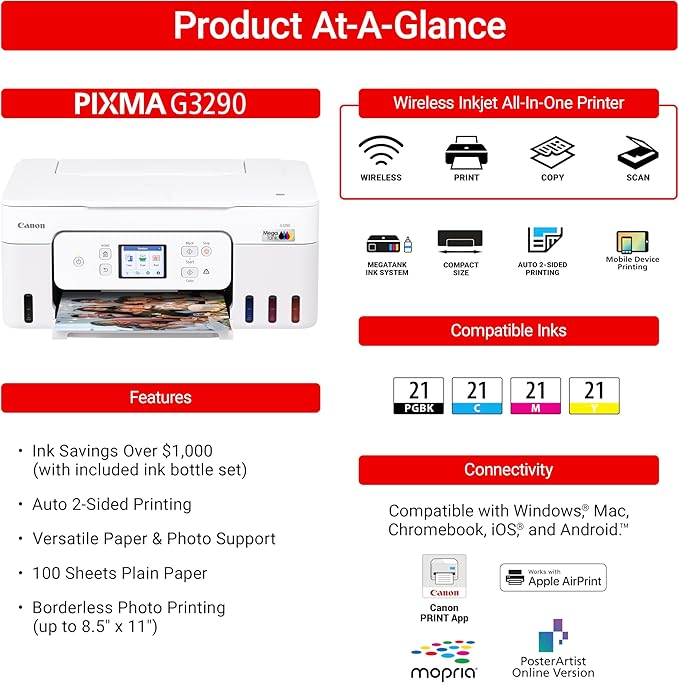 Canon Megatank G3290 All-in-One Wireless Supertank [Megatank] Printer | Print, Copy, Scan | Mobile Printing |2.7" LCD Color Touchscreen | Auto Duplex