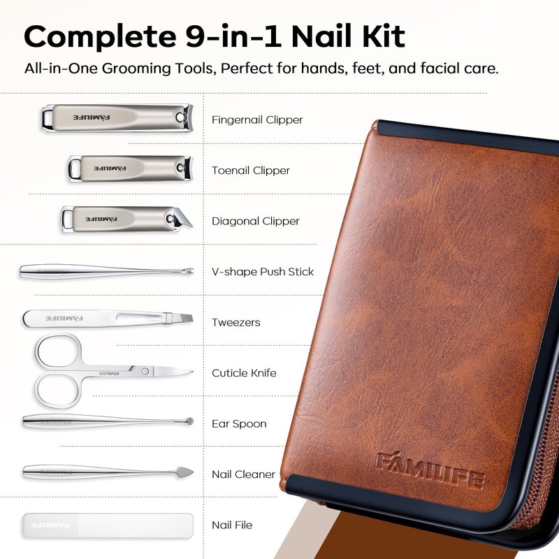 FAMILIFE Nail Care Kit 9-in-1 Professional - Carbon Steel Cuticle Scissors, Fingernail & Toenail Clippers for Nails, Manicure Set Travel Grooming Kit with Case (Brown)