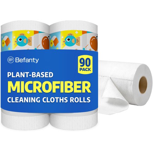 Befanty 90 Pack Plant-Based Microfiber Cleaning Cloth Rolls, Washable & Reusable Paper Towels for Kitchen, Ultra Absorbent, Scratch Free, Lint Free, Cleaning Supplies, 8.6" x 11.8" (2 Rolls)
