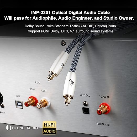 Impeto Premium Fiber Optic Audio Cable 9.8ft (3m) | Toslink S/PDIF | 24K Gold-Plated | Glass Core | for Soundbars, TVs, PS5, Xbox