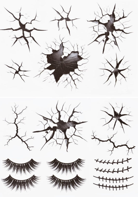 Halloween Creepy Cracks Face Tattoo Set, Temporary Makeup Stickers with Eyelashes, Black Broken Glass Pattern, Costume Accessories (Black)