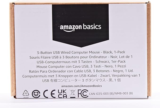 Amazon Basics 3-Button USB Wired Mouse with Responsive Tracking, Plug & Play, Compatible with Windows and Mac, Black