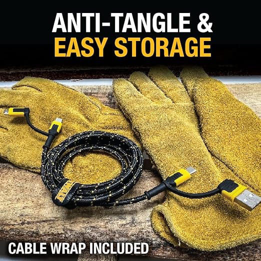 DEWALT Heavy Duty 4-in-1 Cable, Type C/MicroUSB/USB Cables for iPhone 17/16/15 iPad, USBC All in One Charging Cable, HTC, LG, Samsung Galaxy, Android, iPad Pro, Micro-to-C Charger Cables (6ft, Black)