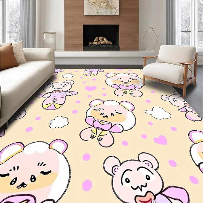 Flatwoven High Traffic Area Rug 6x6, Sweet Bear Balloon Interlocking Dot and Cloud Motif, Non Slip, Stain Resistant, Washable Area Rugs for Living Room, Bedroom (Beige, 6x6)