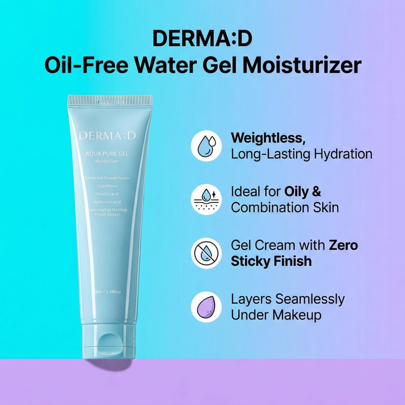 DERMA:D Korean Gel Moisturizer for Face – Lightweight Water Gel Cream with Hyaluronic Acid, EGF & Glutathione, Oil-Free Hydrating Moisturizer for Oily, Dry & Sensitive Skin, Non-Greasy, 3.38 fl oz