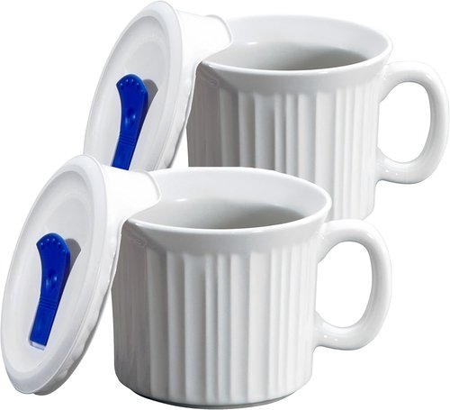 CorningWare 20oz Ceramic Meal Mugs - 2-Pack with BPA-Free Vented Lids | Classic French White