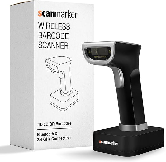 Scanmarker 1D/2D Barcode Scanner Wireless – Boost Speed & Accuracy with Bluetooth Barcode Scanner & 2.4G Modes – Handheld QR & Wireless Barcode Scanner with Charging Stand for Laptop, iOS & Android