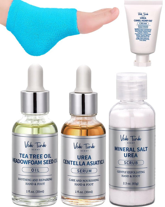 VTS Foot Care Kit - Tea Tree Oil, Urea Cream 40%, Salt Scrub, Feet Repair Serum & Moisturizing Socks for Dry Cracked Heels, Hands, Elbows, Knees