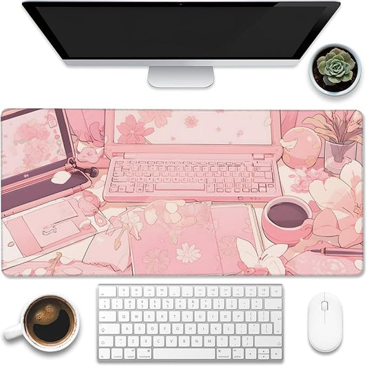 Eflxamz Large Gaming Mouse Pad for Desk,Pink Kawaii Anime Girl Desk Desk Mat,Kawaii Anime Desktop Desk Pad,Extended Big Computer Keyboard Mouse Pad with Non-Slip Base and Stitched Edge,35.4"x15.7"