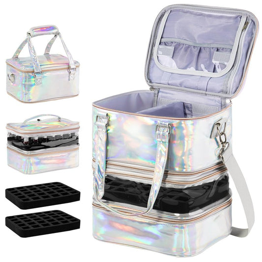 Nail Polish Organizer Case, 3 Layers Removable Nail Polish Storage Bag Holds 60 Bottles and Nail Lamp with Shoulder Strap Portable Holographic PU Leather Nail Kit Storage for Manicure Tools (Silver)