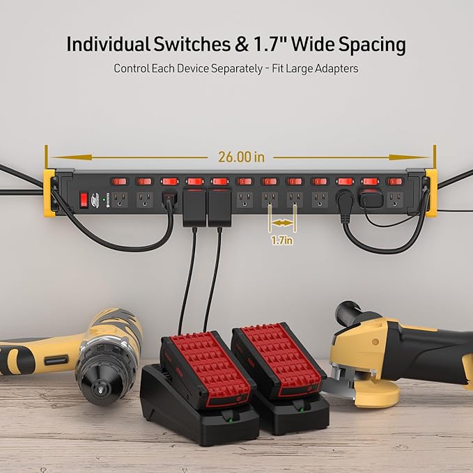 CRST 12-Outlet Metal Power Strip with Individual Switches, Wide Spacing for Bulky Plugs, 1020J Surge Protector, 9FT Cord with Cable Management for Home School Office Garage & Workbench (15A/1875W)