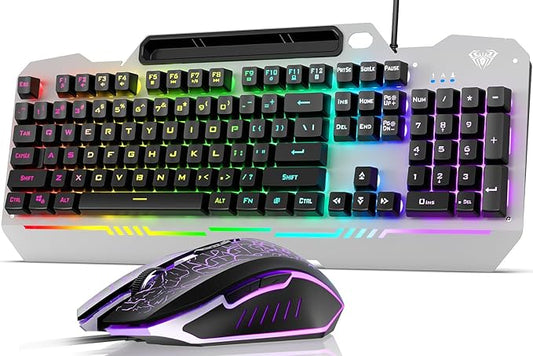 AULA Gaming Keyboard and Mouse, 104 Keys RGB Backlit Computer Keyboards Mouse and Keyboard Combo with Number Pad, All-Metal Panel Wired PC Keyboard for Laptop Win XP/7/8/10, T102 New Update Version