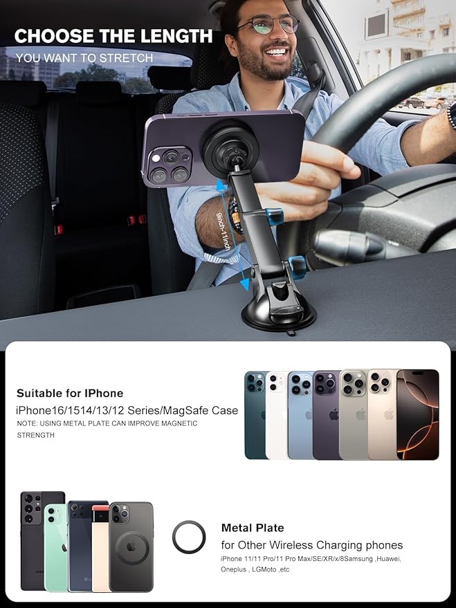MAGJIEYX for Magnetic Magsafe Car Mount Charger, Wireless Car Charger with Fast 36W QC3.0 Charging Adapter Retractable Arm Phone Holder Fits iPhone 15/14/13 Plus/MagSafe Case,Dashboard/Vent/Windshield