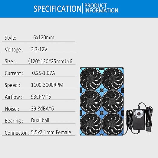 Upgraded 120mmx6 720mm Adjustable PC Ventilation&Exhaust Fan with Speed Controller for Flexible Arrange Greenhouse Server Rack GPU Mining Rig Crawl Space Electronics Cabinet Attic Shed Cooling