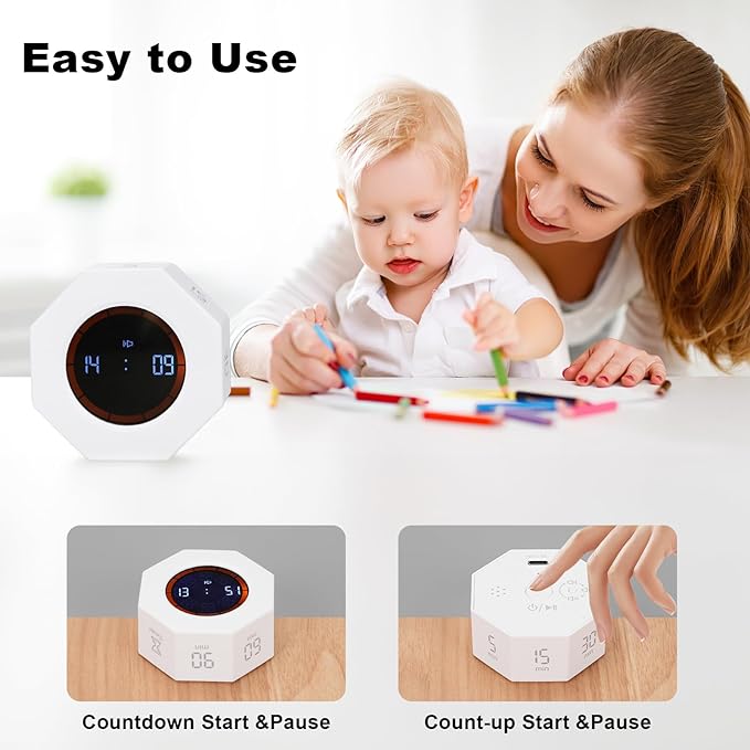 Kaflin Small Rechargeable Pomodoro Timer, Gravity Sensor Auto-Rotating 7 Preset Times (1/3/5/15/30/60/90 min) & Count Up Mode, Digital Kitchen Timers for Cooking, Work and Study (Pearl White)