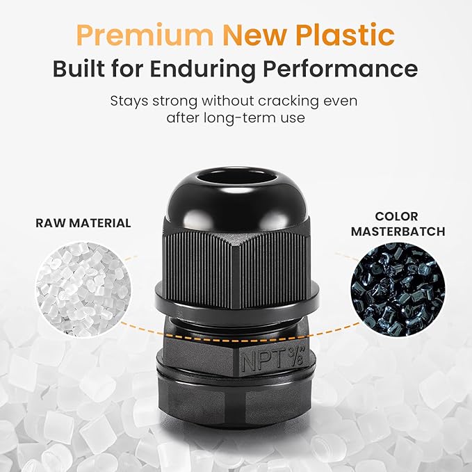 QILIPSU 50pcs 3/8" NPT Cable Gland Waterproof IP68 Nylon Cable Pass Through Cord Grip Connector Strain Relief Wire Grommet