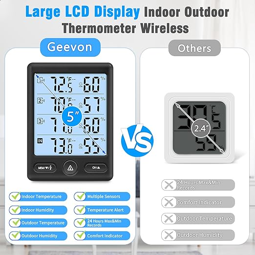 Geevon Indoor Outdoor Thermometer Wireless 3 Remote Sensors, 5-Inch Display Digital Hygrometer Thermometer Temperature Humidity Monitor with 8S Backlight, Battery-Powered