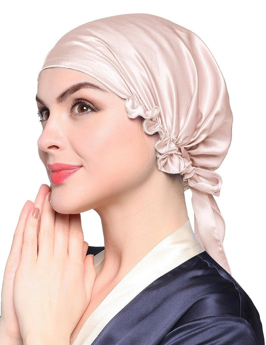 LilySilk Silk Bonnet for Sleeping Womens Sleep Cap 100% 19MM Mulberry Silk for Long Curly Hair Adjustable Stretchy Light Beige