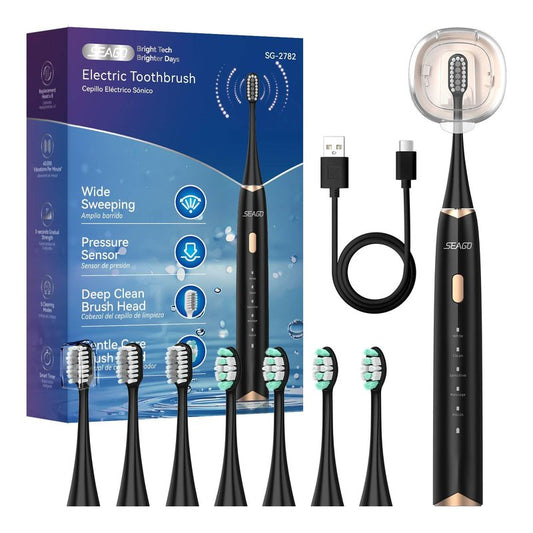 SEAGO Electric Toothbrush for Adults with Pressure Sensor, Sonic Toothbrushes Holder wall Mounted, 30 Days Battery Life, 5 Cleaning Modes, 8 Replacement Heads, Timer & IPX7 Waterproof (Black, Middle)