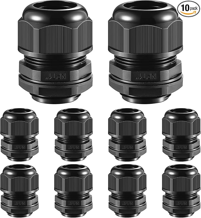 RTHIEAI 10 PCS 1"(17-25mm) NPT Nylon Cable Gland Joints with Gaskets, IP68 Adjustable Lock Nut Strain Relief Cord Grip Waterproof Cable Glands - UL Listed and RoHS Compliant