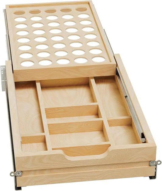 Rev-A-Shelf 15 Inch 2 Tiered Cutlery and Utensil Pullout Drawer Organizer with KCUP Tray and Soft-Close Slides, 4WTCD-18HSC-KCUP-1