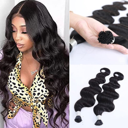 Remy I Tip Hair Extensions Human Hair for Black Women, Natural Black Body Wave Hair Extensions 18inch Cold Fusion Stick Tip Extension 2-3 Pack Full Ends 50G/50S