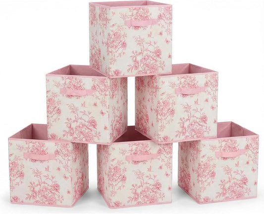 Skiennix Pink Floral Cube Storage Bins - 12.5 Inch Collapsible Organizer Baskets for Home & Office