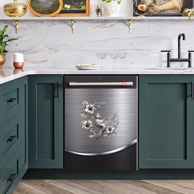 Grey Metal Silver Pattern Magnetic Dishwasher Cover Sheet Bird Flower Sticker Polishing Steelbird Dishwasher Skin Decor Silver Texture 23X26 INCH Magnet Rerigerator Kitchen Panel Decal
