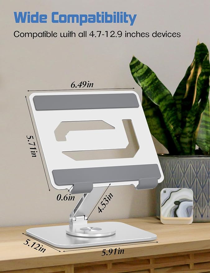 ToBeoneer Tablet Stand Holder with 360°Rotating Base - Adjustable Aluminum Desktop Stand for iPad Holder for Desk Compatible with 4-13" Tablets, Silver