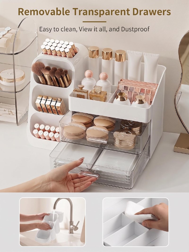 Booklov Makeup Organizer for Vanity, Large Capacity Cosmetic Display Case with Clear Acrylic Drawer, Countertop Beauty Storage Holder for Skincare, Brush Eyeshadow Lipstick Counter Desk, Crystal White