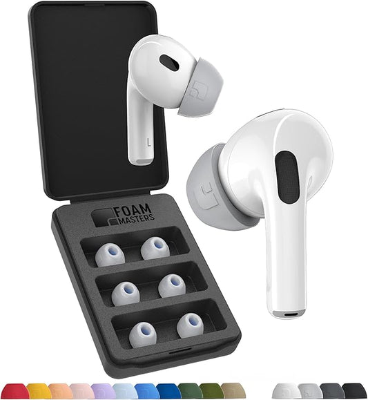 Foam Masters Ultra-Premium Memory Foam Ear Tips for AirPods Pro 1st & 2nd Gen | 3 Pairs | New Ver. | Secure Fit | Super Comfort | Better Noise Cancel | Replacement Buds (Large, Gray)