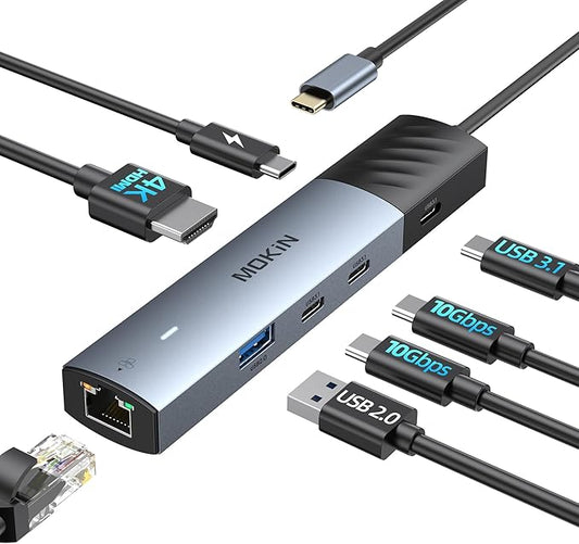 MOKiN 10Gbps USB C Hub Ethernet, 7 in 1 USB C Adapter for MacBook Pro/Air with 4K@60HZ HDMI, 3*USB-C 10Gbps Data, RJ45, USB 2.0, 100W PD, USB C Dongle for MacBook Pro/Air/Dell/HP/Thinkpad/Lenovo.
