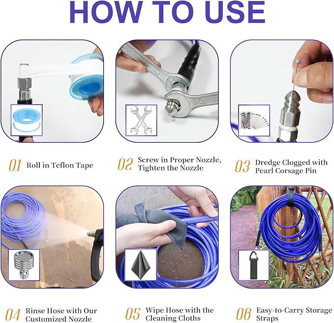 50FT Sewer Jetter Kit for Pressure Washer 1/4"NPT Drain Cleaner Hose 5800PSI Corner Rotating and Button Hose Sewer Jetting Nozzle Pearl Corsage Pin Tape Handle Strap Spanner