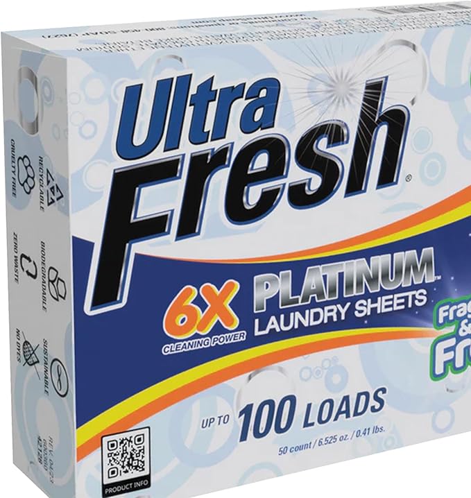 Ultra Fresh Platinum 3 Pack Laundry Soap Detergent Sheets, Ultra Concentrated, Stain Fighting, Fragrance & Dye Free, 300 Loads