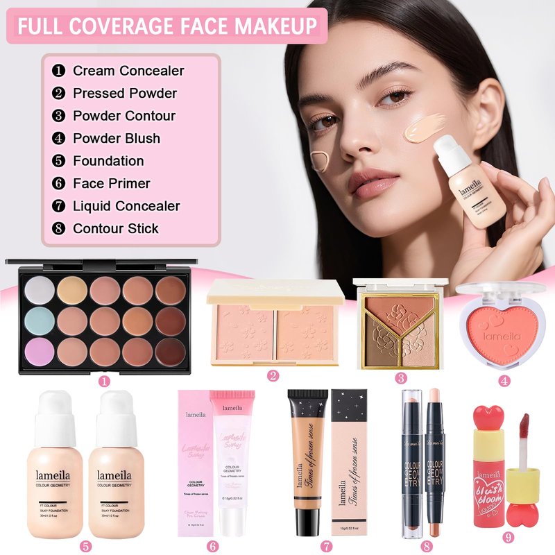 All in One Makeup Kit Makeup Set for Women Full Kit, Make Up Gift Set for Women Teens Girls, Makeup Essential Bundle Includes Eyeshadow Foundation Lipsticks Mascara Eyeliner Cosmetic Brush Set