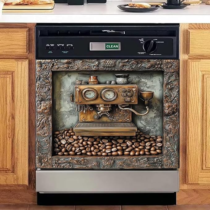 Retro Coffee Machine Dishwasher Magnet Cover, Dish Washer Cover for Kitchen Decor, Easily Trimmable Dishwasher Sticker Refrigerator Magnetic Cover 23Ã17 in