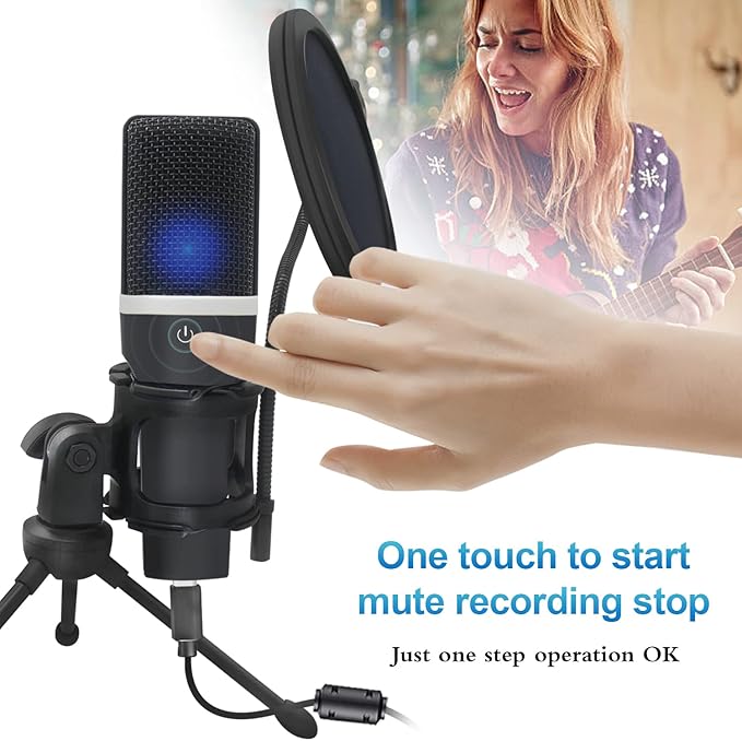 YOTOMIGUO USB Gaming Microphone, Condenser Microphone, Podcast Microphone for PC, Plug & Play, Cardioid Polar Pattern, One-Touch Mute, for Streaming, Podcast, YouTube Videos