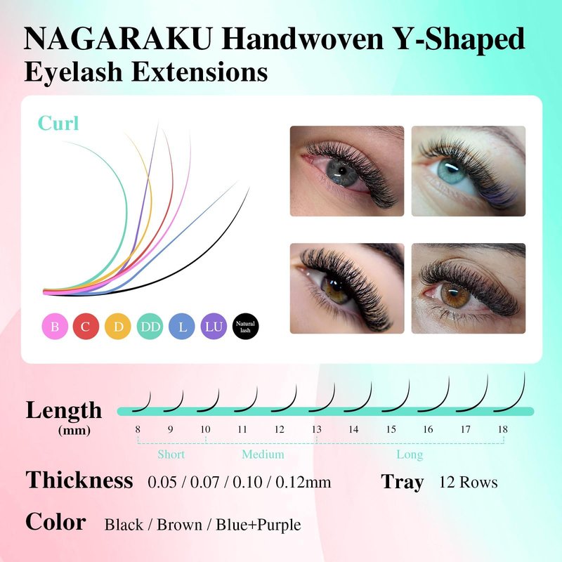 NAGARAKU 5 Trays yy Eyelash Extensions y lash 0.07mm D curl 9/10/11/12/13mm in 1 pack Premade 4D Easy Fan Russian Volume Cluster Faux Mink Matte Black 12 rows