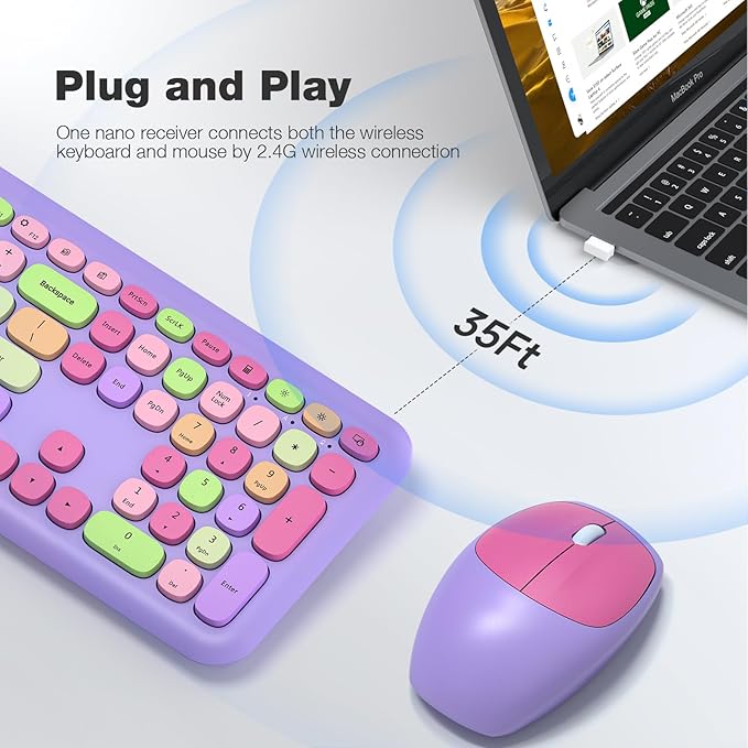 KNOWSQT Wireless Keyboard and Mouse Combo, Pale Purple Full-Sized 2.4G Silent Keycap Colorful Keyboards, USB Dongle Plug Play, Laptop, Windows, PC, Mac, Desktop