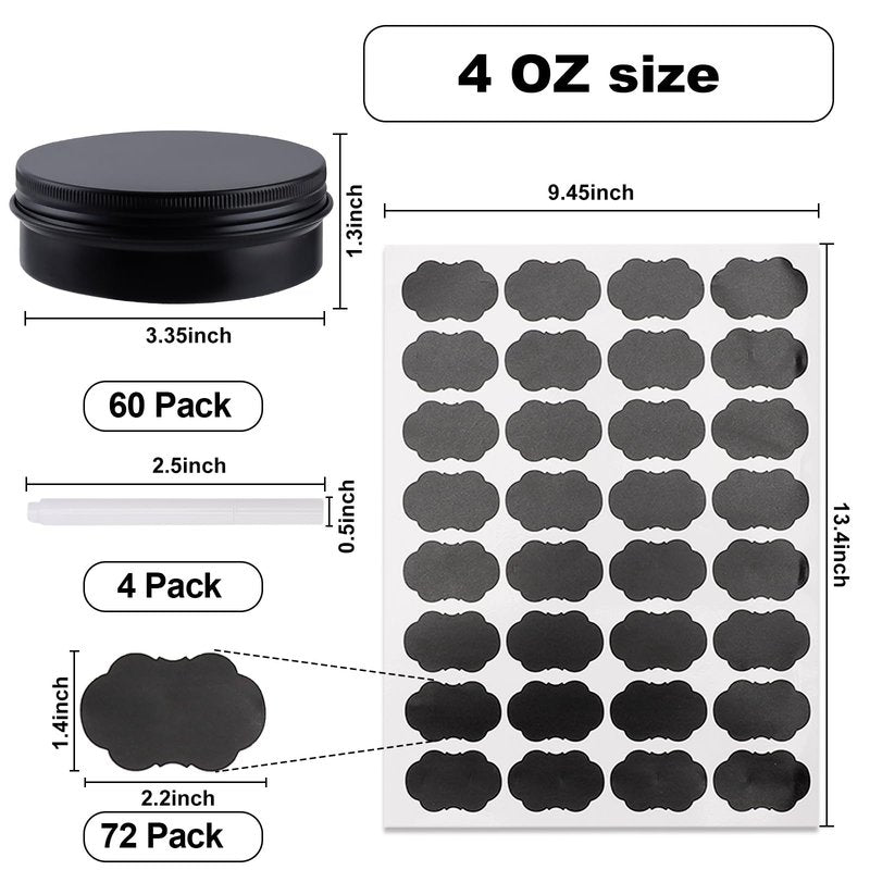OBKJJ 60 Pack Round Cans with Screw Lid 4 Oz Aluminum Metal Tins DIY Food Candle Containers for Lotion Bars, Balms, Salve, Spices, Beard Balm, Crafts with 4 Markers 2 Sheets Label Stickers