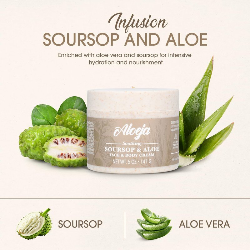 Soursop and Aloe Vera Moisturizing Cream - Ultra Hydrating Face Moisturizer and Body Lotion for Women & Men - Fragrance-Free Organic Lotion for sensitive skin with Hemp Oil, Tea Tree, Green Tea, 5 oz