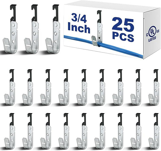 Zonon 25 Pcs J Hooks for Hanging Metal J Hook Hangers Cable Support with Bat Wing Heavy Duty G60 Galvanized Steel Cable Hooks for Attaching Ceiling Wire Threaded Rod (3/4 Inch)