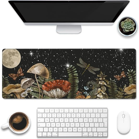 Eflxamz Large Gaming Mouse Pad for Desk,Cute Forest Mushroom Desk Mat,Starry Night Mushroom Desk Pad,Extended Big Computer Keyboard Mouse Pad with Non-Slip Base and Stitched Edge,31.5"x11.8"