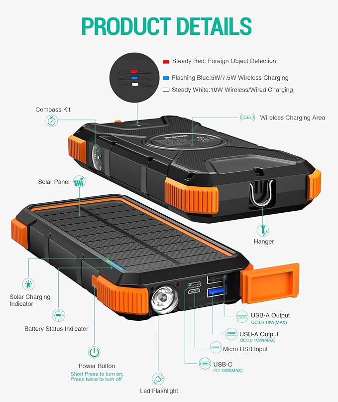 BLAVOR Solar Power Bank 20000mAh Wireless Portable Charger Built-in Cables, 20W Fast Charging USB C Battery Pack for iPhone 17/16/15/14, iPad, Samsung, Solar Charger with Flashlight for Camping