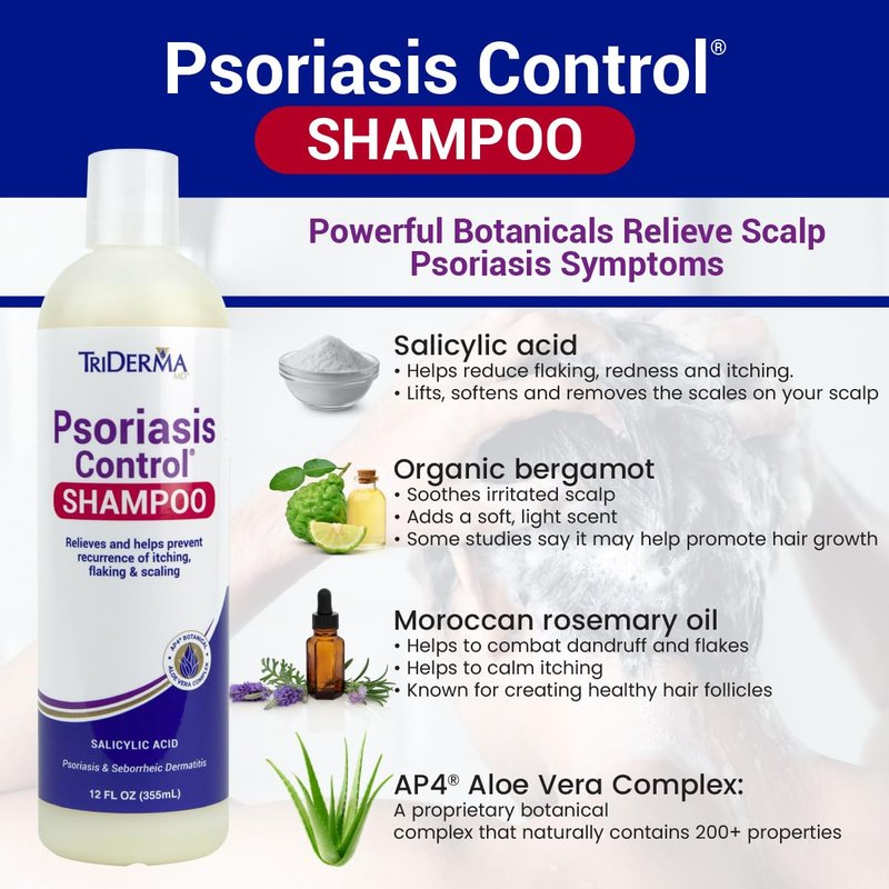 TriDerma Psoriasis Control Scalp Exfoliator Shampoo with 3% Salicylic Acid and Rosemary, Salon Quality Shampoo for Psoriasis, Seborrheic Dermatitis, No Coal Tar, Fresh Scent 12 oz