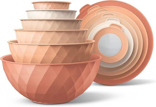 COOK WITH COLOR Mixing Bowls Set - 12-Piece Microwave Safe Plastic Nesting Bowls with Lids, Orange Diamond